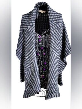 Lineamaglia Made In Italy Open-Front Plaid Shawl Cardigan in Blue Size Large